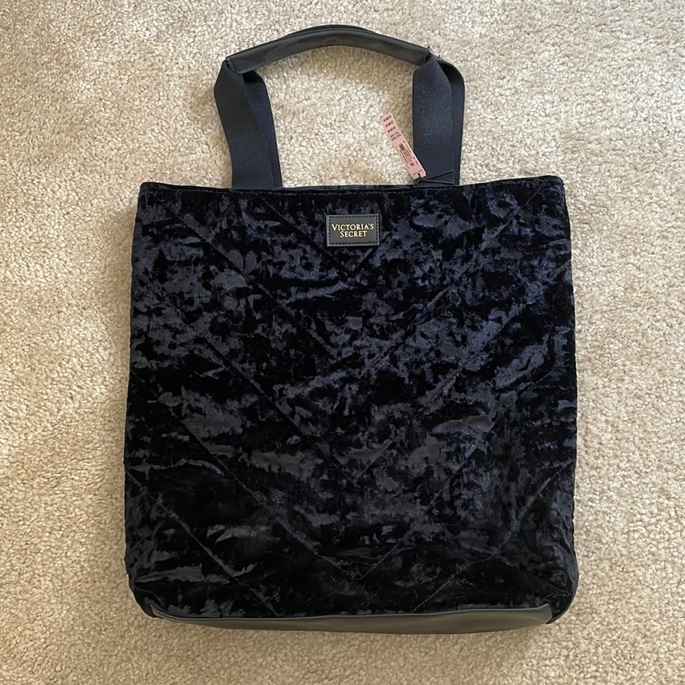 Victoria’s Secret Black Velvet Tote Bag with Faux Leather Bottom-BRAND NEW